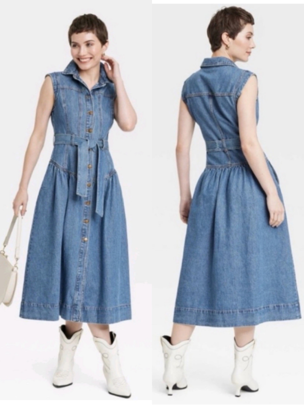Demin Dress Womens 10 Blue Jean Button Belted Midi Western Cottagecore Coastal